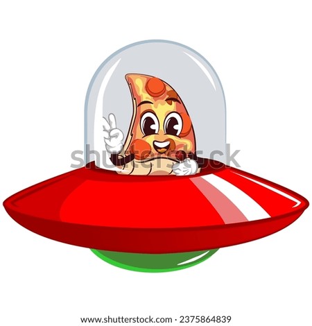 vector mascot character of a slice of pizza riding a ufo alien spaceship