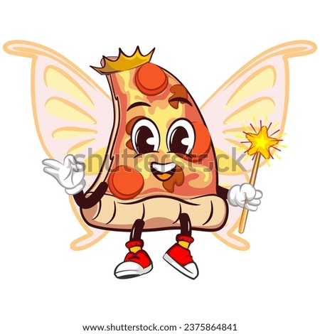 vector mascot character of a slice of pizza fairy with butterfly wings wearing a crown and carrying a magic wand