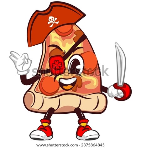 vector mascot character of a one-eyed pirate pizza slice wearing a hat and carrying a blade