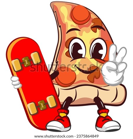 vector mascot character of a slice of pizza carrying a skateboard