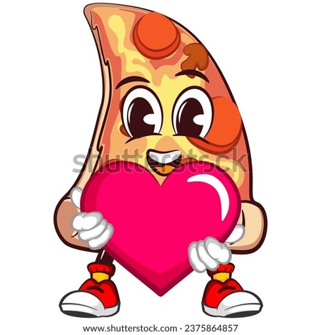 vector mascot character of a slice of pizza with a big pink heart