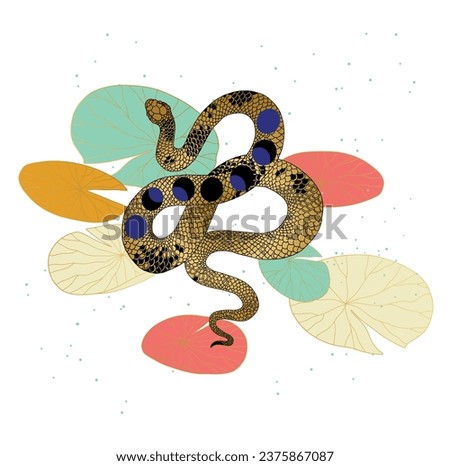Waterfowl snake among water lily leaves. Golden snake.