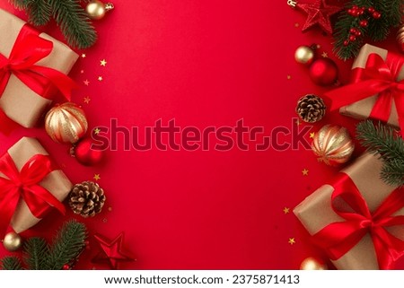 Welcome the New Year with the gesture of thoughtfulness. Top view shot of fir twigs, gift boxes, festive ornaments, cones, golden stars on red background with advert space