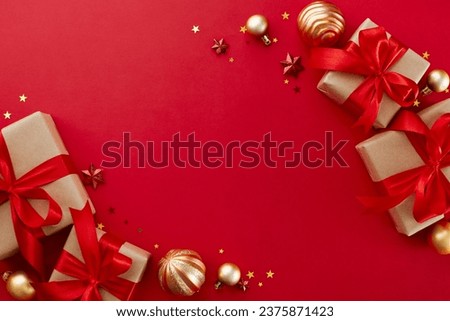 Embracing the creativity involved in creating Christmas gifts. Top view photo of gift boxes, xmas decorations, stars on red background with promo placeholder