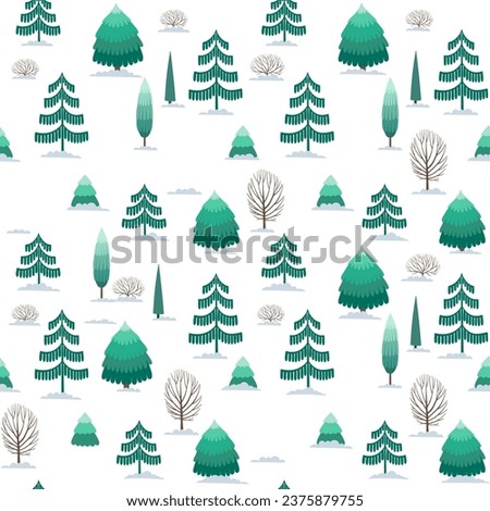 Christmas tree seamless pattern. Winter forest Noel print, New year holidays decoration, winter trees and firs in snow. Hand drawn holiday background, wallpaper, wrapping paper design