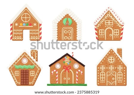 Gingerbread houses set vector illustration. Cartoon isolated cute baked town buildings collection with candy and sugar icing snowflakes pattern, chocolate decorations on windows and doors of houses Royalty-Free Stock Photo #2375885319