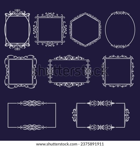 Set of elegant vintage silver frames with border ornament. Vintage decorative elements design. Luxury Labels and badges, calligraphic swirls, flourishes ornate vignettes. Vector illustration