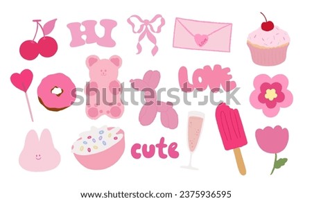 Cute pink crayon clip arts of lollipop candy, jelly bear, pink ribbon, cereal bowl, bunny rabbit, dog balloon, flowers, champagne, cherry, cupcake, love letter and ice cream stick for sticker, icon...