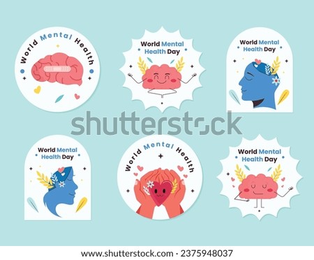 World Mental Health Day template. Round clip art, sticker, logo template. Brain with flowers on a blue background.