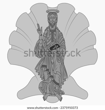 Vector design Saint James the Apostle holding a bible, with the symbol of a sea shell, Christian art from the middle ages Royalty-Free Stock Photo #2375950373