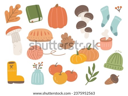 set of autumn doodle object in flat style illustration