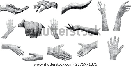 Retro Halftone Hand Vector Illustration: A unique, black and white collection of hand gestures. Perfect for design projects, presentations, and visual communication