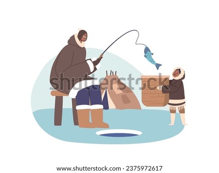 Eskimo Parent And Child Characters Engage In Fishing Together, Passing Down Traditional Skills And Knowledge, Vector Royalty-Free Stock Photo #2375972617