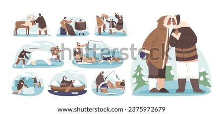 Set of Eskimo Characters Lifestyle. Inuit People Sewing Fur Clothes, Contact with Deer, Riding Boat and Dog Sled Royalty-Free Stock Photo #2375972679