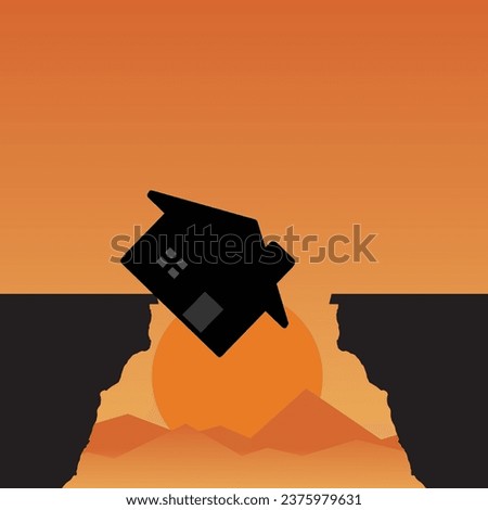 Silhouette of a house falling off a cliff at sunset Royalty-Free Stock Photo #2375979631