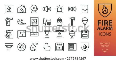 Fire alarm systems isolated icons set. Set of heat detector, smoke sensor, sprinkler, powder extinguishing module, fire alarm control panel, firehose, fire extinguisher, emergency exit vector icon