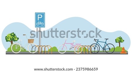 Bicycle parking area.Public bike rack with parking sign and parked bicycles. parking zone vector illustration.