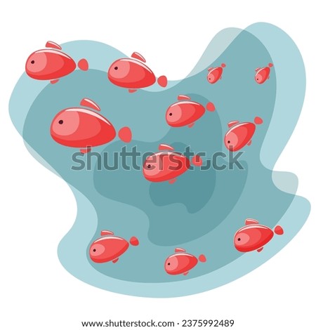A group of pink fish of different sizes, against the background of a blue sea, water. Cartoon, flat illustration for postcards, books, albums, designs on a marine theme, children's clothing.
