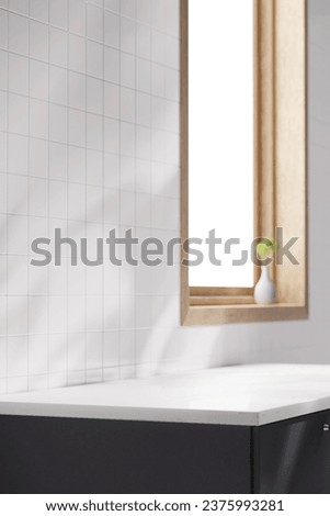 Kitchen, bathroom, white tile, sink, window frame with  sunlight coming in. 3d rendering.