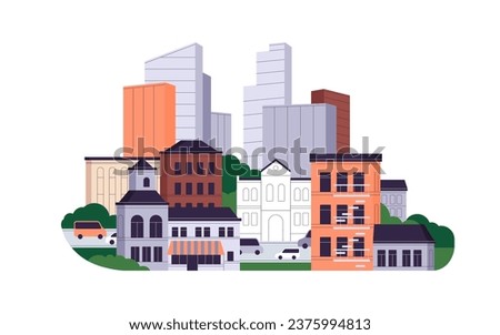 City buildings, car road. Urban architecture, new and old constructions, modern skyscrapers, houses on street. Cityscape, real estate. Flat graphic vector illustration isolated on white background Royalty-Free Stock Photo #2375994813