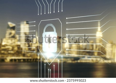 Virtual creative lock illustration with microcircuit on blurry skyscrapers background, cyber security concept. Multiexposure