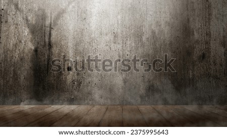 Wooden floor with grunge concrete wall on a dark background. Scary Halloween background concept