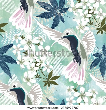 Seamless tropical floral pattern with hummingbird birds on a light background.