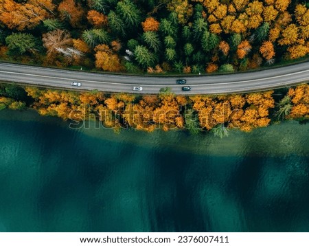 Aerial view of road between colorful fall forest and blue lake in Finland. Beautiful autumn landscape