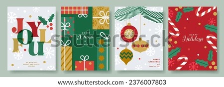 Merry Christmas and Happy New Year set of greeting cards. Modern Xmas design with typography,  Christmas tree and balls, gifts, holly, candys. Vector templates banner, poster, holiday cover. Royalty-Free Stock Photo #2376007803