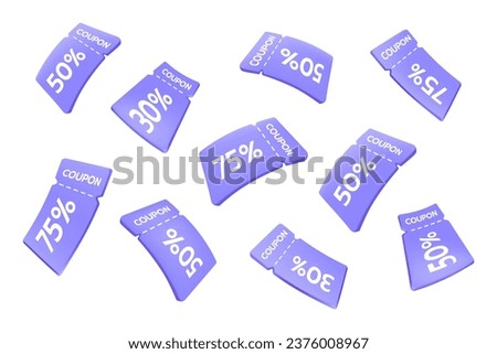 3D vouchers. Render coupon. Bonus ticket fly. Discount or gift sale label. Deal code. Cash flight. Benefit or prize tag. Offer free percent. Shop promotion. Purchase certificates. Vector background Royalty-Free Stock Photo #2376008967