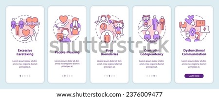 2D icons representing codependent relationship mobile app screen set. Walkthrough 5 steps multicolor graphic instructions with thin line icons concept, UI, UX, GUI template.