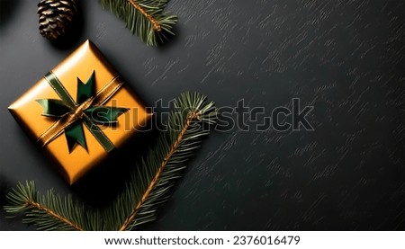 Customizable creative content set against a black backdrop, showcasing a gift wrapped in an elegant manner and accompanied by vibrant fir branches Royalty-Free Stock Photo #2376016479