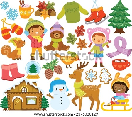 Winter clipart set with kids playing in the snow, cute woodland animals, winter clothes and various winter items.