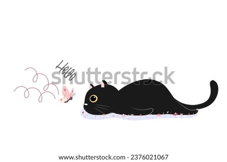 vector, illustration of a black cat laying on  grass  with flowers and a butterfly and Hello  text