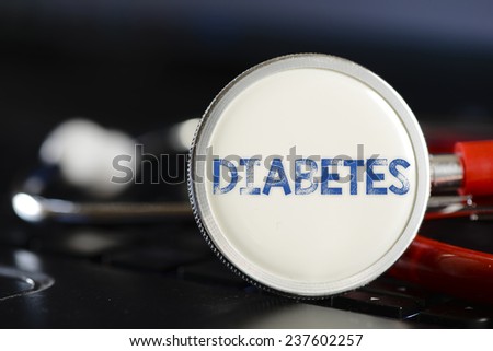 Diabetes sign and stethoscope. Diabetes sign and stethoscope. Medicine concept on computer keyboards