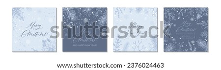 Set of Merry Christmas and Happy New year blue square greeting cards. Social media post template. Hand drawn sinter festive background with sketch botany elements. Engraving vector illustration Royalty-Free Stock Photo #2376024463