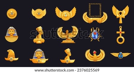 Egypt frames. Pharaoh game. Gold Egyptian UI slots. Old emerald ornament. Golden metal texture. Ancient sculptures. Treasure scarab and Ra god. Casino background. Vector jewelry antique elements set Royalty-Free Stock Photo #2376025569