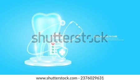 Medical health care. Stethoscope surrounded the tooth and symbol cross in shield glass. Check mark, red heart pulse in document form board floating on podium. Health insurance concept. Vector.