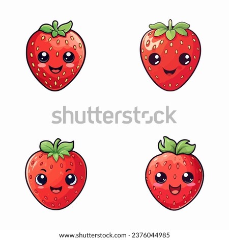 set of happy cute strawberry watercolor illustrations for printing on baby clothes, pattern, sticker, postcards, print, fabric, and books