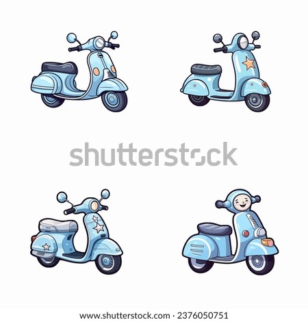 set of happy cute vespa watercolor illustrations for printing on baby clothes, pattern, sticker, postcards, print, fabric, and books