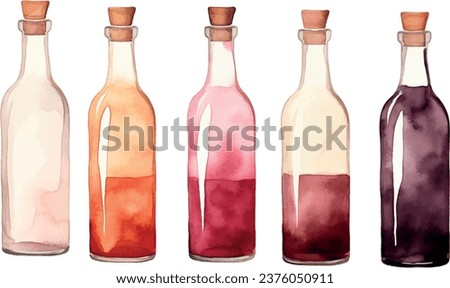 VECTOR  watercolor set of wine bottles, clip art, isolated, for design