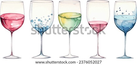 VECTOR watercolor set of glasses with drinks, bar, clip art, isolated, for design