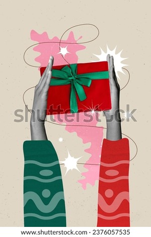 Creative drawing collage picture of hands holding present box receive gift have fun happy merry christmas new year theme x-mas