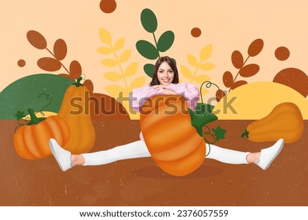 Creative collage picture of cheerful girl split legs big pumpkin painted plant leaves isolated on beige background