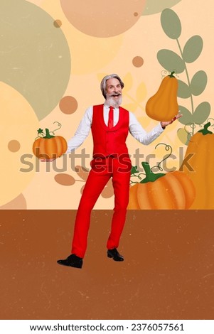 Vertical collage picture of excited grandfather wear red costume arms hold pumpkin isolated on creative beige background