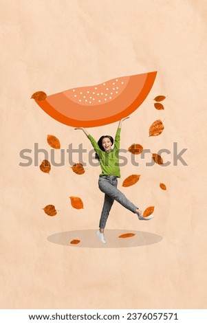 Vertical collage picture of astonished mini girl arms hold big pumpkin slice flying leaves isolated on paper beige background