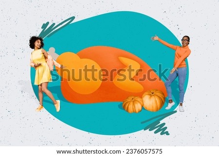 Artwork collage picture of two mini excited girls dancing pumpkin huge baked thanksgiving turkey isolated on painted background