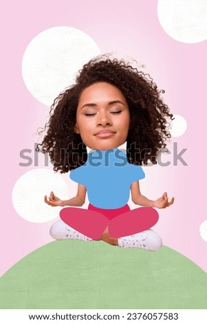 Collage artwork image of dreamy peaceful gir meditating yoga sitting outside enjoying free time isolated on painted background