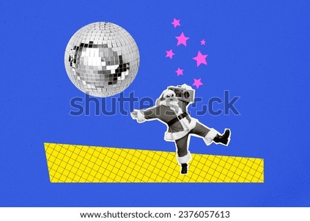 Photo collage artwork minimal picture of carefree funky santa claus dancing having fun christmas festive isolated blue color background