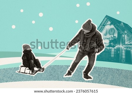 Collage picture of funky black white colors father son playing ride sledge snowfall town building isolated on painted background